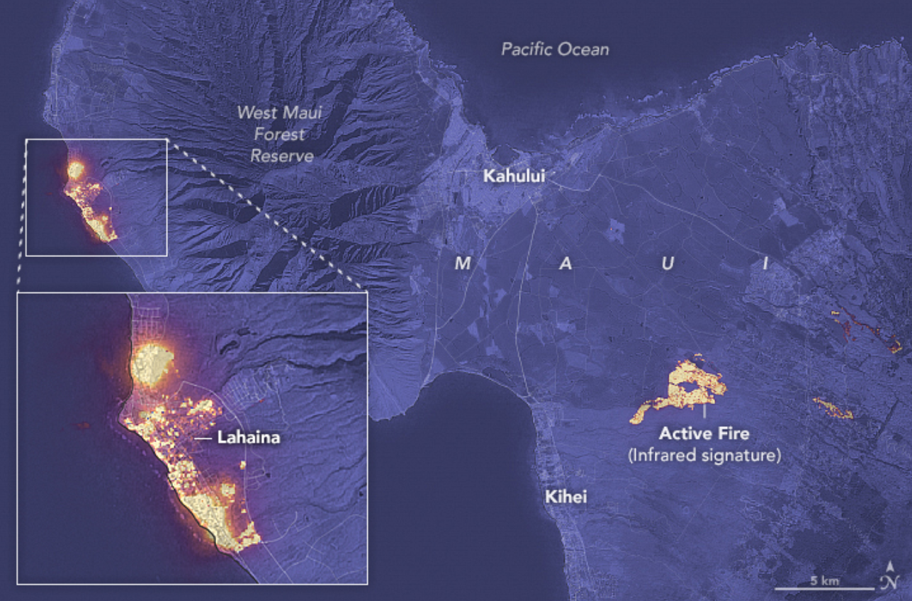 map of Maui, showing active fire