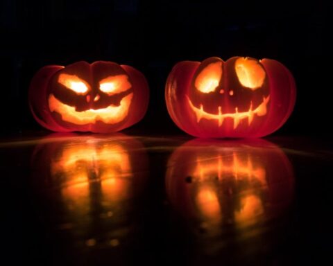 Jack O' Lanterns glowing spookily in the dark