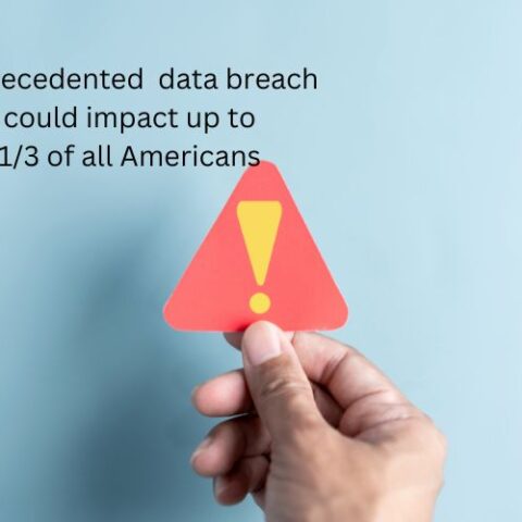 Warning sign being held, words in back ground stating "uprecedented data breach