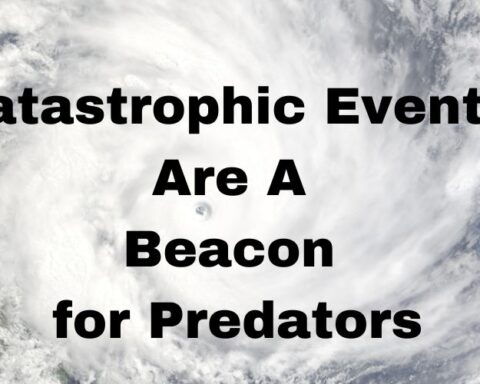 Hurricane in background text states "catastrophic events are a beacon for predators"