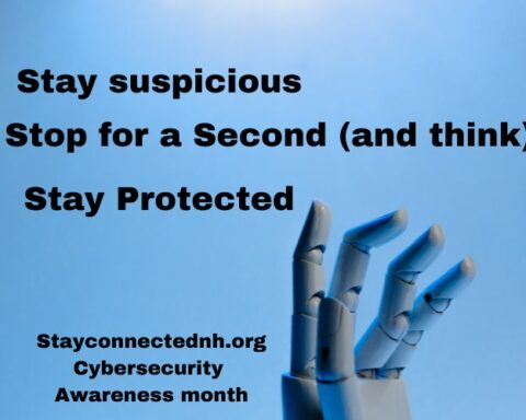 robotic hand in background, words state Stay Suspicious, Stop for a second, stay protected