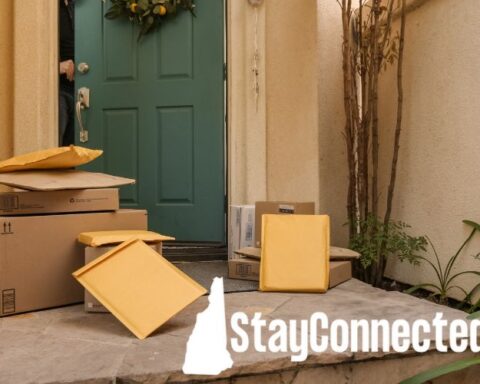 packages on a doorstep with stayconnectednh logo