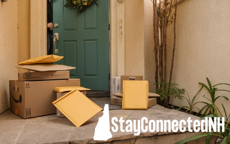 packages on a doorstep with stayconnectednh logo