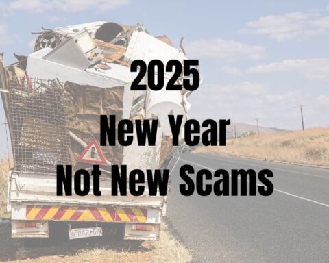 Truck in background loaded with old used appliances. Text in front stating 2025 New Year Not New Scams